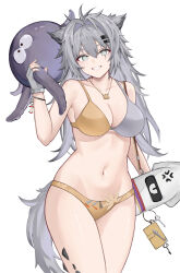 Rule 34 | 1girl, absurdres, animal ears, arknights, bare arms, bare shoulders, bikini, breasts, commentary request, cowboy shot, grey eyes, grey hair, grin, hair intakes, hair ornament, hairclip, highres, holding, lappland (arknights), large breasts, long hair, looking at viewer, material growth, navel, oripathy lesion (arknights), rain (rain8649), scar, scar across eye, smile, solo, standing, stomach, swimsuit, tail, thighs, two-tone bikini, very long hair, wolf ears, wolf tail