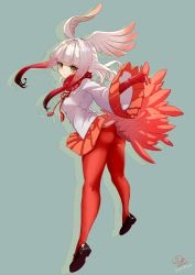 Rule 34 | 10s, 1girl, ass, blush, breasts, coat, expressionless, full body, fur collar, gradient hair, half-closed eyes, head wings, highres, japanese crested ibis (kemono friends), jitome, kemono friends, legs, long sleeves, looking at viewer, multicolored hair, pantyhose, pisuke, pleated skirt, red hair, red pantyhose, short hair with long locks, skirt, solo, two-tone hair, white hair, wide sleeves, wings, yellow eyes