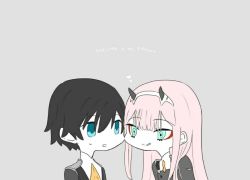 Rule 34 | 10s, 1boy, 1girl, black hair, blue eyes, commentary request, copyright name, couple, darling in the franxx, face-to-face, green eyes, heart, hiro (darling in the franxx), horns, lips, long hair, looking at another, military, military uniform, necktie, oni horns, pink hair, short hair, sui 0427, sweatdrop, uniform, wide face, zero two (darling in the franxx)