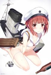 Rule 34 | 10s, 1girl, amagai tarou, anchor, bikini, blunt bangs, blush, bottle, breasts, brown eyes, brown hair, character name, clothes writing, collarbone, cooler, covering crotch, covering privates, embarrassed, eyebrows, from above, hat, highres, kantai collection, looking at viewer, machinery, navel, no socks, sailor bikini, sailor collar, sailor hat, sandals, seiza, simple background, sitting, small breasts, smiley face, solo, sweat, swimsuit, twitter username, untied bikini, white background, white bikini, white hat, z3 max schultz (kancolle)