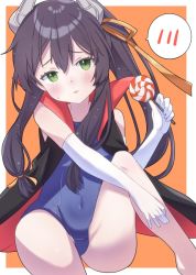 Rule 34 | 1girl, black hair, blue one-piece swimsuit, blush, border, candy, cape, elbow gloves, food, gloves, green eyes, hair between eyes, halloween, halloween costume, headgear, holding, holding candy, holding food, holding lollipop, i-47 (kancolle), kantai collection, lollipop, long hair, looking at viewer, one-piece swimsuit, open mouth, sanninme no haru, school swimsuit, sidelocks, solo, spoken blush, swimsuit, white border, white gloves