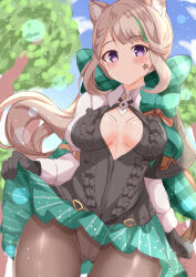 Rule 34 | 1girl, animal ear fluff, animal ears, black gloves, black vest, blue sky, blush, bow, braid, braided bangs, breasts, breasts apart, brown hair, brown pantyhose, closed mouth, clothes lift, cloud, collared shirt, commentary request, day, facial mark, genshin impact, gloves, green bow, green hair, green skirt, highres, juliet sleeves, lifting own clothes, long sleeves, lynette (genshin impact), medium breasts, multicolored hair, outdoors, panties, panties under pantyhose, pantyhose, pleated skirt, puffy sleeves, purple eyes, shirt, skirt, skirt lift, sky, solo, star (symbol), streaked hair, tree, underwear, vest, white panties, white shirt, xenon (for achieve)