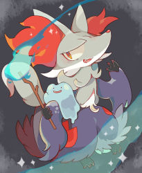 Rule 34 | . ., 1other, :3, akadako, alternate color, animal ear fluff, animal ears, animal feet, animal hands, animal nose, arm up, bags under eyes, black eyes, blue eyes, blue fire, body fur, creatures (company), delphox, ditto, fang, fire, fox ears, fox tail, full body, furry, game freak, gen 1 pokemon, gen 6 pokemon, grey fur, half-closed eyes, hand up, happy, holding, holding stick, multicolored eyes, nintendo, on shoulder, one-hour drawing challenge, open mouth, outstretched arm, pokemon, pokemon (creature), pokemon on shoulder, purple fur, red eyes, red fur, shiny pokemon, smile, snout, sparkle, standing, stick, tail, white fur