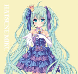 Rule 34 | 1girl, ahoge, blush, character name, collar, crown, dress, elbow gloves, gloves, green eyes, green hair, hair ribbon, hand on own chest, hatsune miku, headset, inugahora an, long hair, looking at viewer, matching hair/eyes, outstretched arm, ribbon, smile, solo, strapless, strapless dress, twintails, very long hair, vocaloid, yellow background
