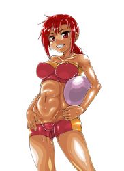 Rule 34 | 10s, 1girl, abs, bare shoulders, bikini, blush, breasts, cameltoe, covered erect nipples, dark-skinned female, dark skin, female focus, grin, hair ornament, hairclip, highres, hino akane (smile precure!), impossible clothes, kitsune-tsuki (getter), large breasts, long hair, lowleg, lowleg shorts, navel, nipples, ponytail, precure, red eyes, red hair, shorts, simple background, skin tight, smile, smile precure!, solo, standing, strapless, sweat, swimsuit, tan, teeth, tube top, white background