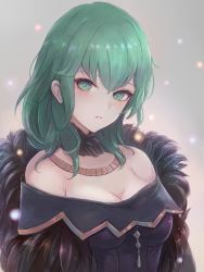 Rule 34 | 1girl, alternate costume, bare shoulders, breasts, byleth (female) (fire emblem), byleth (fire emblem), cleavage, fire emblem, fire emblem: three houses, fur trim, green eyes, green hair, grey background, leonmandala, long hair, looking at viewer, medium breasts, nintendo, parted lips, solo, sparkle, teeth, upper body