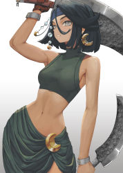 Rule 34 | 1girl, black hair, bracelet, commentary, cowboy shot, crescent, crescent earrings, earrings, english commentary, gloves, gradient background, green eyes, green shirt, grey background, hair between eyes, highres, holding, holding weapon, jewelry, looking at viewer, midriff, navel, original, parted lips, red gloves, shadow, shirt, short hair, sleeveless, sleeveless shirt, solo, tefduck, weapon, weapon request