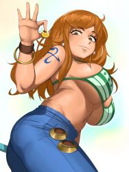 Rule 34 | 1girl, absurdres, ass, bangle, bikini, bikini top only, bracelet, breasts, brown eyes, clima-tact, coin, commentary, denim, english commentary, from below, green bikini, highres, holding, holding polearm, holding weapon, jeans, jewelry, kevbot, large breasts, long hair, looking at viewer, midriff, nami (one piece), one piece, orange hair, pants, polearm, shoulder tattoo, sideboob, solo, strap gap, striped bikini, striped clothes, swimsuit, tattoo, underboob, weapon