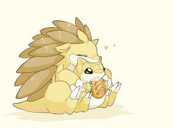 Rule 34 | affectionate, bread, claws, closed eyes, closed mouth, commentary request, creatures (company), eating, evolutionary line, food, game freak, gen 1 pokemon, heart, holding, holding food, hug, hug from behind, nintendo, no humans, oimo kenpi, pokemon, pokemon (creature), sandshrew, sandslash, sitting, smile
