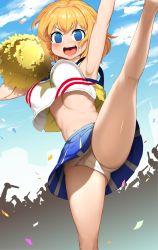 Rule 34 | 1girl, :d, alice margatroid, arm up, armpits, blonde hair, blue eyes, blue skirt, blue sky, blush, breasts, cameltoe, cheerleader, cloud, commentary request, confetti, cookie (touhou), crop top, day, dutch angle, empty eyes, feet out of frame, hair between eyes, highres, kneepits, large breasts, leg up, looking at viewer, navel, open mouth, outdoors, panties, pantyshot, people, pom pom (cheerleading), shirt, short hair, sinzen, skirt, sky, smile, solo focus, star (symbol), star print, teeth, tongue, touhou, underwear, upper teeth only, v-shaped eyebrows, web (cookie), white panties, white shirt