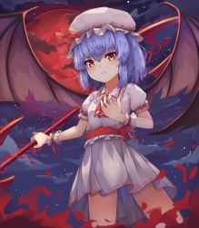 Rule 34 | 1girl, absurdres, ascot, bad id, bad pixiv id, bat wings, black wings, blue hair, blush, bow, closed mouth, cloud, commentary request, frilled shirt collar, frilled sleeves, frills, hair between eyes, hand on own chest, hat, hat ribbon, highres, holding, holding polearm, holding spear, holding weapon, kjg720915, looking at viewer, medium hair, mob cap, moon, night, night sky, polearm, puffy short sleeves, puffy sleeves, red bow, red eyes, red moon, red ribbon, remilia scarlet, ribbon, ribbon trim, sash, short sleeves, skirt, skirt set, sky, slit pupils, solo, spear, spear the gungnir, star (sky), torn wings, touhou, weapon, wing collar, wings, wrist cuffs
