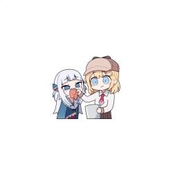 Rule 34 | 2girls, animated, bad id, bad twitter id, biting, blonde hair, blue eyes, blue hair, blue hoodie, blush stickers, brown headwear, brown skirt, bucket, channel ( caststation), chibi, closed eyes, collared shirt, cowboy shot, cropped legs, deerstalker, dress shirt, eating, feeding, fish, gawr gura, hair ornament, hat, hololive, hololive english, hood, hoodie, long hair, looping animation, minecraft, multicolored hair, multiple girls, necktie, open mouth, print hoodie, red neckwear, shark hair ornament, shark print, sharp teeth, shirt, short hair, silver hair, simple background, skirt, smile, streaked hair, teeth, two-tone hair, two side up, video, virtual youtuber, watson amelia, white background, white shirt, wing collar