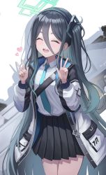 Rule 34 | absurdres, aris (blue archive), blue archive, blue hair, blush, commentary request, dark blue hair, double v, gwinggwing, hair between eyes, hair ornament, halo, headband, highres, jacket, long hair, long hair between eyes, necktie, open mouth, railgun, school uniform, simple background, v, very long hair, white background