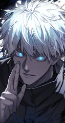 Rule 34 | 1boy, blue eyes, commentary request, eisuto, glowing, glowing eyes, gojou satoru, highres, jujutsu kaisen, looking at viewer, male focus, parted lips, portrait, short hair, solo, white hair