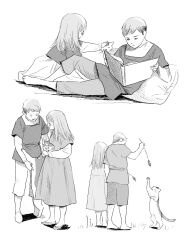 Rule 34 | 1boy, 1girl, aged down, animal, barefoot, book, brother and sister, cat, cattail, child, closed eyes, dress, dungeon meshi, falin touden, frs2, highres, holding, holding book, kitten, knee up, laios touden, layered sleeves, leaning to the side, long sleeves, monochrome, multiple views, open book, outstretched arm, pants, petting, pillow, plant, profile, reading, shirt, shoes, short hair, short over long sleeves, short sleeves, shorts, siblings, side-by-side, simple background, sitting, smile, standing