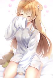 Rule 34 | 1girl, aizawa (aizawatsu), barefoot, bed sheet, between legs, blush, bow, brown hair, closed eyes, collared shirt, commentary request, covered mouth, double bun, dress shirt, facing viewer, girls&#039; frontline, hair bow, hair bun, hand between legs, hand up, highres, long hair, rfb (girls&#039; frontline), shirt, sitting, sleeves past fingers, sleeves past wrists, solo, stuffed animal, stuffed toy, teddy bear, very long hair, wariza, white background, white bow, white shirt