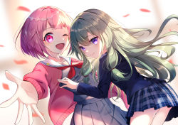Rule 34 | 2girls, ;d, \||/, blue skirt, blush, breasts, cardigan, collarbone, commentary request, commission, eyelashes, green hair, hair between eyes, highres, kamiyama high school uniform (project sekai), kusanagi nene, long hair, long sleeves, looking at viewer, low-tied long hair, miniskirt, multiple girls, one eye closed, ootori emu, open cardigan, open clothes, open mouth, outstretched arm, pink cardigan, pink eyes, pink hair, pixiv commission, plaid, plaid skirt, pleated skirt, project sekai, purple eyes, sailor collar, school uniform, short hair, skirt, small breasts, smile, uniform, wonderlands x showtime (project sekai), yamanakaume