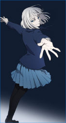 Rule 34 | 1girl, aged down, bad id, bad pixiv id, blazer, blue eyes, jacket, jormungand (manga), jpeg artifacts, koko hekmatyar, kurage, outstretched arms, outstretched hand, school uniform, short hair, skirt, smile, solo, spread arms, white hair