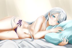 Rule 34 | 1girl, absurdres, bed sheet, bikini, bikini bottom only, blue eyes, breasts, cleavage, closed mouth, collarbone, cowboy shot, hair down, highres, huge filesize, kimmy77, long hair, looking at viewer, lying, navel, on side, pillow, purple bikini, rwby, scar, scar across eye, scar on face, side-tie bikini bottom, silver hair, small breasts, smile, solo, straight hair, swept bangs, swimsuit, topless, very long hair, weiss schnee, white background
