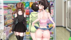 Rule 34 | 3girls, ass, blush, exhibitionism, female focus, female pervert, from behind, highres, lifted by self, long hair, looking at viewer, looking back, multiple girls, naughty face, original, pervert, public indecency, short hair, smile, standing, thong