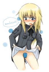 Rule 34 | 1girl, black ribbon, blonde hair, blue eyes, blush, c-string, clothes lift, embarrassed, helma lennartz, highres, long hair, long sleeves, looking down, maebari, makaze (t-junction), navel, open mouth, ribbon, shirt lift, solo, speech bubble, strapless bottom, strike witches, strike witches: suomus misfits squadron, twitter username, world witches series