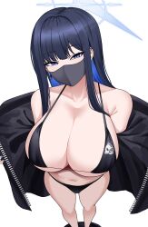 Rule 34 | 1girl, absurdres, bikini, black bikini, black hair, black jacket, blue archive, blue eyes, blue hair, blue nails, breasts, cleavage, commentary, cross, cross earrings, ear piercing, earrings, from above, halo, highres, huge breasts, jacket, jewelry, long hair, looking at viewer, mask, mouth mask, nail polish, open clothes, open jacket, piercing, saori (blue archive), sidelocks, simple background, single earring, solo, swimsuit, tewaki, white background