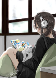 Rule 34 | 1girl, bare legs, bell, blue eyes, book, brown eyes, brown hair, cat, closed mouth, commentary request, couch, from side, headphones, highres, holding, holding book, hood, hoodie, light blush, long sleeves, looking at viewer, looking down, map, nape, neck bell, original, reading, signature, sitting, smile, solo, soragane (banisinngurei), twintails, whiskers, white cat, window
