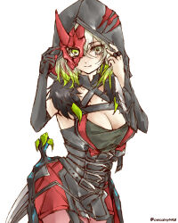 Rule 34 | 1girl, breasts, cleavage, cowboy shot, detached sleeves, diabellstar the black witch, dress, duel monster, gloves, green hair, half mask, heterochromia, highres, hood, hood up, large breasts, mask, multicolored hair, red mask, shorts, single detached sleeve, single sleeve, smile, solo, tsui (keruko2417), white background, yu-gi-oh!