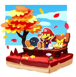Rule 34 | 1girl, 2boys, autumn, autumn leaves, bench, blouse, blue overalls, blue sky, bobby (paper mario), brown footwear, brown hair, cloud, commentary request, day, facial hair, falling leaves, flower, from side, gloves, hat, leaf, long sleeves, looking to the side, maple leaf, mario, mario (series), multiple boys, mustache, nintendo, olivia (paper mario), on bench, outdoors, outline, overalls, paper mario, paper mario: the origami king, park bench, purple flower, red headwear, red shirt, sakino (sanodon), shirt, shoes, short hair, sitting, sky, solid oval eyes, star (symbol), tree, white gloves, white outline, yellow headwear