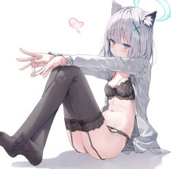 Rule 34 | 1girl, animal ear fluff, animal ears, black bra, black thighhighs, blue archive, blue eyes, blue halo, blush, bra, breasts, cleavage, closed mouth, cross, cross hair ornament, extra ears, garter belt, garter straps, grey hair, hair ornament, halo, highres, huwari (dnwls3010), inverted cross, lace, lace bra, looking at viewer, medium breasts, medium hair, mismatched pupils, navel, no shoes, open clothes, open shirt, shiroko (blue archive), shirt, simple background, sitting, solo, thighhighs, unbuttoned, unbuttoned shirt, underwear, white background, white shirt, wolf ears
