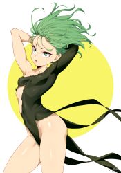 Rule 34 | 1girl, absurdres, arms up, black dress, breasts, covered navel, dress, green eyes, green hair, highres, one-punch man, short hair, small breasts, solo, stayaliveplz, tatsumaki, torn clothes, torn dress