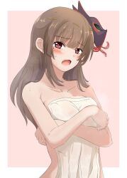 Rule 34 | 1girl, bare arms, bare shoulders, blunt bangs, blush, border, breasts, brown hair, collarbone, commentary request, covered erect nipples, covering breasts, covering privates, crossed arms, curvy, embarrassed, eyes visible through hair, fox mask, heaven burns red, highres, kiryuu miya, lelie (lelie link), long hair, looking at viewer, mask, mask on head, medium breasts, mole, mole under eye, naked towel, open mouth, pink background, red eyes, sidelocks, simple background, solo, straight hair, towel, tsurime, upper body, wet, white border