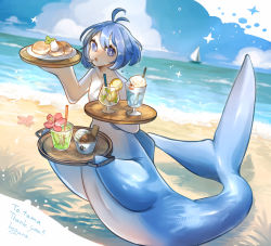 Rule 34 | 1girl, :o, antenna hair, beach, blue eyes, blue hair, blue skin, blue sky, boat, breasts, bright pupils, cloud, colored skin, commission, cup, dolphin girl, drinking glass, english text, fins, food, full body, hands up, hogara, holding, holding food, holding tray, ice cream, lemonade, looking at viewer, monster girl, multicolored skin, no nipples, ocean, open mouth, original, outdoors, pancake, sailboat, shore, short hair, skeb commission, sky, small breasts, solo, souffle pancake, sparkle, starfish, sweat, taur, tray, watercraft, white pupils, wine glass