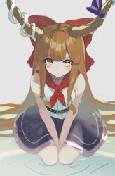 Rule 34 | 1girl, bare shoulders, between legs, blue skirt, blunt bangs, blush, bow, brown eyes, center-flap bangs, closed mouth, commentary, cowboy shot, demon girl, demon horns, grey background, hair bow, hair spread out, hand between legs, heart, heart-shaped pupils, highres, horn ornament, horn ribbon, horns, huge bow, ibuki suika, light frown, long hair, mino (minori), onsen, orange hair, purple ribbon, red bow, ribbon, ripples, shirt, sidelocks, simple background, skirt, sleeveless, sleeveless shirt, soaking feet, solo, steam, straight hair, symbol-shaped pupils, touhou, tsurime, upturned eyes, v arms, very long hair, water, white shirt