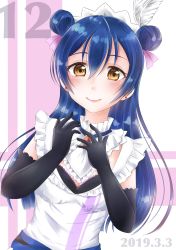 Rule 34 | 1girl, arms up, black gloves, blue hair, blush, commentary request, dated, detached collar, double bun, earrings, elbow gloves, gloves, hair between eyes, hair bun, highres, jewelry, long hair, looking at viewer, love live!, love live! school idol project, maid, maid headdress, mogyutto &quot;love&quot; de sekkin chuu!, rin5325, smile, solo, sonoda umi, upper body, yellow eyes