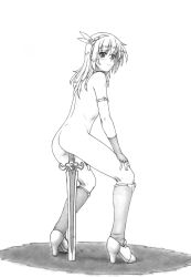 Rule 34 | 1girl, ass, back, blush, boots, commentary request, female masturbation, fingerless gloves, from behind, full body, gloves, graphite (medium), greyscale, hair ornament, harumachi nagaaki, high heel boots, high heels, highres, long hair, looking at viewer, looking back, masturbation, monochrome, nude, object insertion, original, planted, planted sword, planted weapon, pussy juice, pussy juice trail, simple background, solo, sword, traditional media, vaginal, vaginal object insertion, weapon, weapon insertion, white background