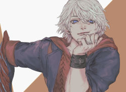Rule 34 | 1boy, wrist belt, blue eyes, cheek squash, closed mouth, coat, devil may cry, devil may cry (series), devil may cry 4, eyelashes, hand on own chin, highres, jewelry, looking at viewer, male focus, multicolored background, nero (devil may cry), ring, short hair, sitting, solo, white hair, yuusya27