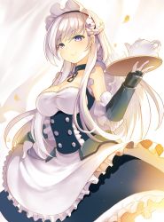 Rule 34 | 1girl, apron, azur lane, belfast (azur lane), blue skirt, braid, breasts, bustier, cleavage, closed mouth, collar, commentary request, french braid, gauntlets, highres, holding, large breasts, long hair, looking at viewer, maid, maid apron, maid headdress, metal collar, purple eyes, sibyl, silver hair, skirt, smile, solo, standing, teapot, tray, waist apron, white apron