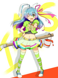 Rule 34 | 1girl, blush stickers, fukunaga kazuhiro, gradient hair, green eyes, highres, long hair, multicolored hair, one eye closed, open mouth, original, paintbrush, ribbon, smile, solo, striped clothes, striped thighhighs, thighhighs, wink