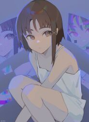 Rule 34 | 1girl, artist name, asymmetrical hair, bare shoulders, between legs, brown eyes, brown hair, expressionless, feet out of frame, from side, glitch, hair ornament, halftone, halftone background, hand between legs, highres, hologram, iwakura lain, knees up, looking at viewer, milka (milk4ppl), parted bangs, serial experiments lain, shirt, short hair, signature, sleeveless, sleeveless shirt, solo, spaghetti strap, squatting, white shirt, x hair ornament