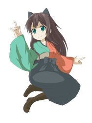 Rule 34 | 1girl, black bow, black skirt, blush, boots, bow, brown footwear, brown hair, closed mouth, commentary request, eabo19tw, fox shadow puppet, full body, green eyes, hair bow, hand up, highres, japanese clothes, kimono, light blush, long hair, long skirt, long sleeves, looking at viewer, multicolored clothes, multicolored kimono, outstretched arms, sash, skirt, sleeves past wrists, smile, solo, tatsumi kon, urara meirochou, very long hair, white background