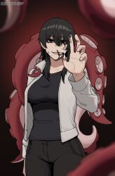 Rule 34 | 1girl, black hair, black shirt, breasts, chainsaw man, dark background, genderswap, genderswap (mtf), hand up, highres, ink, jacket, k3nnyn3v, large breasts, long hair, looking at viewer, mole, mole under mouth, octopus devil (chainsaw man), shirt, smile, solo, tentacles, white jacket, yoshida hirofumi