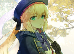 Rule 34 | 1girl, artoria caster (fate), artoria caster (second ascension) (fate), artoria pendragon (fate), autumn, beret, black bow, black gloves, blonde hair, blush, bow, branch, breasts, buttons, cloak, collar, eyelashes, fate/grand order, fate (series), gem, gloves, green eyes, green gemstone, hair between eyes, hair bow, hat, hieung, holding, jewelry, leaf, lips, long hair, looking at viewer, makeup, multiple tails, nose, open mouth, purple bow, sequins, shadow, shirt, small breasts, solo, tail, teeth, tree, two tails, water drop, white shirt, yellow leaves