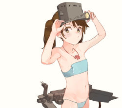 Rule 34 | 1girl, absurdres, arms up, blue panties, blush, brown eyes, brown hair, co botan, flat chest, grey hat, hat, highres, jewelry, kantai collection, machinery, magatama, magatama necklace, necklace, nipple slip, nipples, o3o, panties, rigging, ryuujou (kancolle), simple background, solo, tube, twintails, underwear, visor cap, yellow background