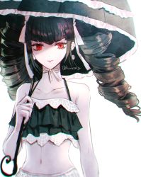 Rule 34 | 1girl, bare arms, bare shoulders, bikini, black bikini, black eyes, black hair, black umbrella, blunt bangs, celestia ludenberg, closed mouth, collarbone, commentary request, danganronpa: trigger happy havoc, danganronpa (series), drill hair, frilled umbrella, frills, hand up, hat, holding, long hair, looking at viewer, midriff, navel, pale skin, red eyes, sakuyu, simple background, smile, solo, stomach, swimsuit, twin drills, twintails, twitter username, umbrella, upper body, white background