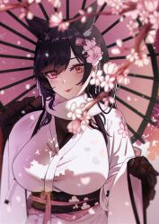 Rule 34 | 1girl, absurdres, animal ear fluff, animal ears, atago (azur lane), atago (hallmarks of winter) (azur lane), azur lane, black gloves, black hair, blurry, blurry foreground, blush, cherry blossoms, closed mouth, floral print, floral print kimono, flower, gloves, hair flower, hair ornament, hands up, highres, holding, holding umbrella, japanese clothes, kimono, lips, long hair, long sleeves, looking at viewer, mole, mole under eye, noyuki (3702), official alternate costume, oil-paper umbrella, pink flower, scarf, smile, solo, swept bangs, textless version, umbrella, upper body, white kimono, white scarf, wide sleeves, yellow eyes