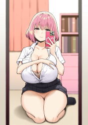 Rule 34 | 1girl, akane (sky-freedom), black skirt, black socks, blurry, blurry background, blush, bookshelf, bottomless, bra, breasts, brown bra, cellphone, cleavage, closed mouth, collarbone, collared shirt, commentary, curtains, female pov, highres, holding, holding phone, huge breasts, indoors, kneeling, looking at viewer, mirror, no panties, original, phone, pink eyes, pink hair, pov, reflection, school uniform, selfie, shirt, short hair, short sleeves, sitting, skirt, sky-freedom, smartphone, smile, socks, solo, thighs, undersized clothes, underwear, wariza, white shirt