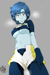 Rule 34 | 1girl, aqua skin, arms at sides, blue gloves, blue hair, blue leggings, blue shirt, blue skin, boku no hero academia, breasts, bubble girl (boku no hero academia), colored skin, commentary, cowboy shot, crop top, cropped jacket, diving mask, eyelashes, from below, gloves, goggles, grey background, grey eyes, highres, island lagoon, jacket, leggings, leggings under shorts, looking at viewer, looking down, mandarin collar, medium breasts, midriff, navel, open fly, parted lips, shirt, short hair, short shorts, short sleeves, shorts, signature, simple background, sleeveless, sleeveless jacket, smile, solo, standing, steam, steaming body, swept bangs, thick eyebrows, thigh gap, two-tone shorts, underboob, very short hair, white jacket, white shorts, yellow shorts