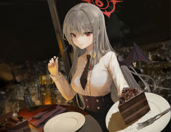 Rule 34 | 1girl, black necktie, blue archive, blurry, blurry background, bow, braided sidelock, cake, cake slice, chocolate cake, closed mouth, demon wings, food, fork, grey hair, hair bow, halo, haruna (blue archive), highres, holding, holding fork, holding plate, knife, long hair, looking at viewer, necktie, night, plate, red eyes, solo, spoon, sunj000, table, wings