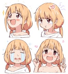 Rule 34 | 1girl, :t, anger vein, blonde hair, blush, blush stickers, brown eyes, cropped torso, crying, double v, expressions, closed eyes, futaba anzu, happy, heart, idolmaster, idolmaster cinderella girls, long hair, low twintails, mirakichi, multiple views, nose blush, open mouth, shirt, simple background, single bare shoulder, smile, sparkle, streaming tears, sweat, t-shirt, tearing up, tears, twintails, upper body, v, wavy mouth, white background, white shirt